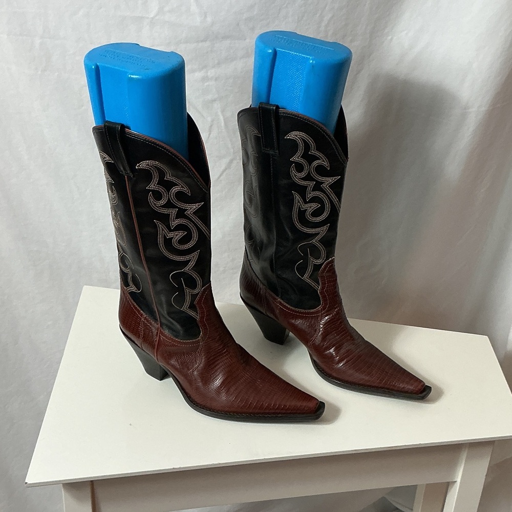 Maria Lya Brown and Black Leather Western Cowboy Boots